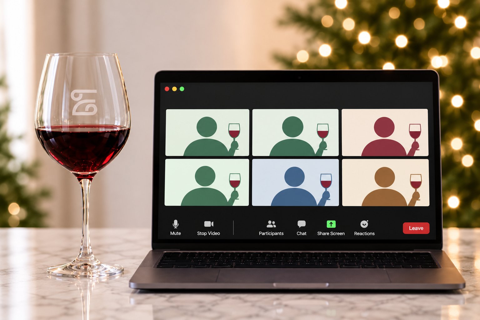 A glass of red wine beside a laptop showing a video call of people raising wine glasses, with holiday lights behind
